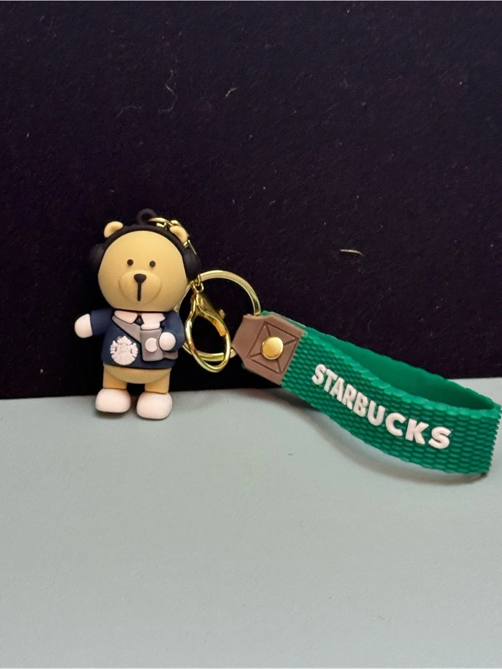 NWOT Blue Barista Bear Keychain with Green Logo Strap